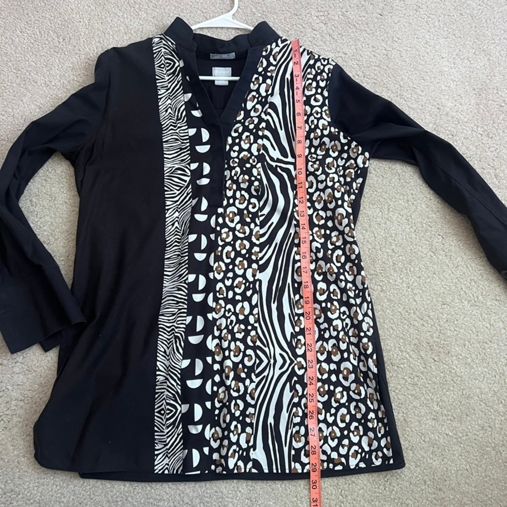 Chicos No-Iron Chic Stretch Animal Print Tunic Shirt Black Mixed Zebra Leopard M - Picture 11 of 11